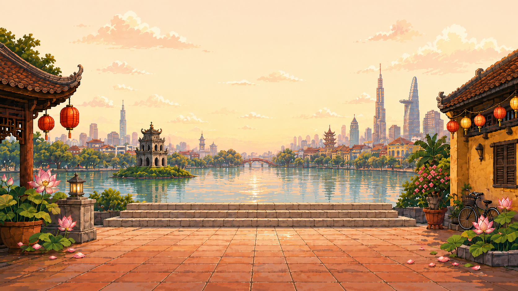 Thành phố ven hồ Việt Nam phong cách pixel lúc hoàng hôn